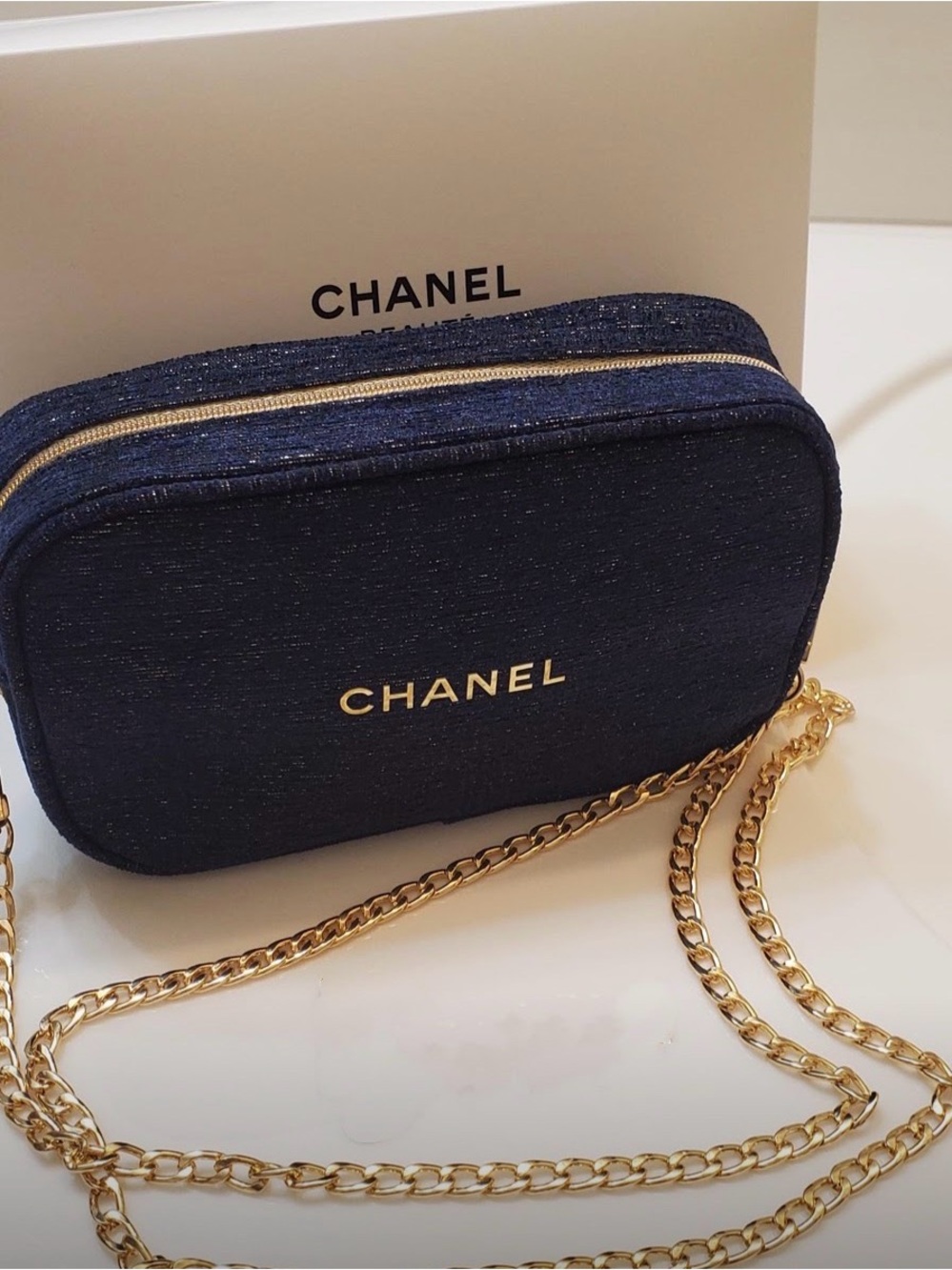 CHANEL Navy Denim Crossbody with Gold Chain
